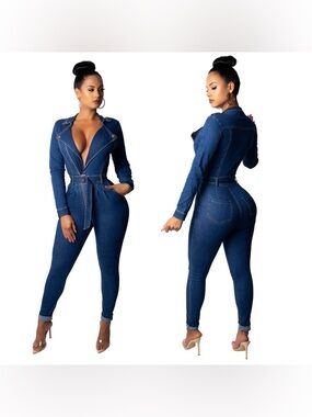 Stretch Denim V-Neck Long Sleeve Zipper Jumpsuit Slim Fit | S | NWOT